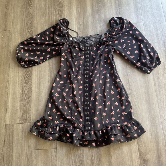 NWT! Forever 21 Mini Dress  Size Large Boho Satin Rose Corset Style Puff Sleeve - Picture 1 of 13